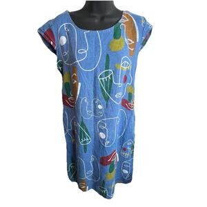 Puro Lino Linen Blue Dress Made In Italy Wearable Art Eye Print Women’s Sz Small